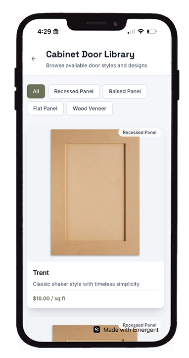 CabinetDoors.app door-library screen listing all captured doors in the project