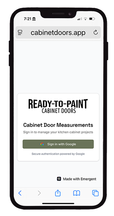 CabinetDoors.app sign-in screen on a phone, with email and password fields