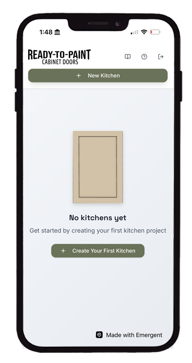 CabinetDoors.app new-kitchen project setup screen with room-naming inputs